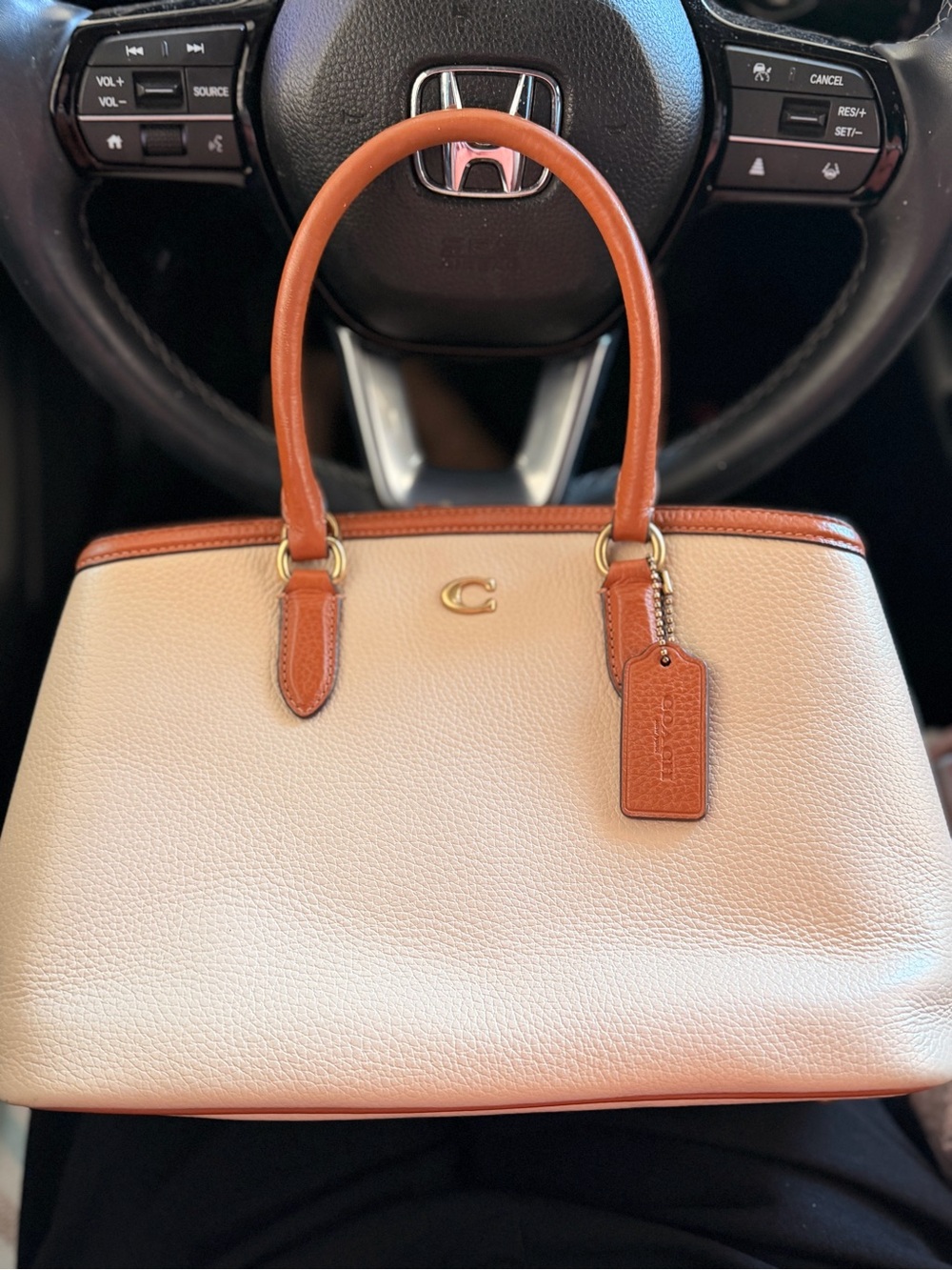 Coach Two-Tone Pebbled Leather Satchel in Cream and Brown